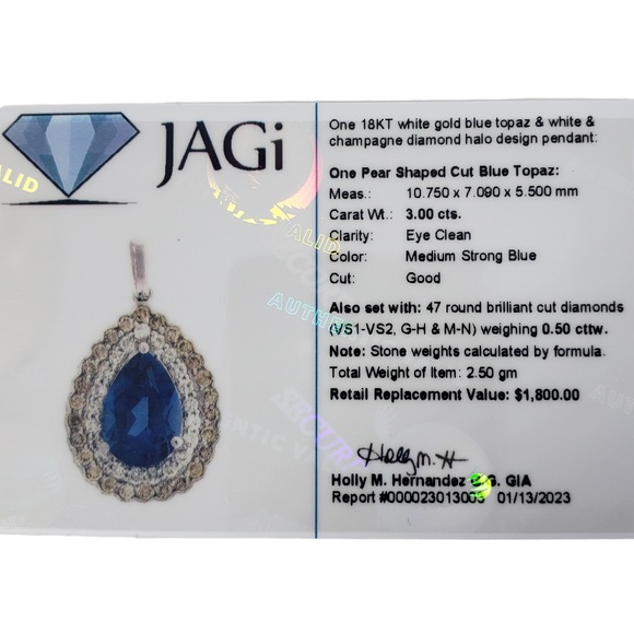 Vintage 18 K White Gold Blue Topaz & White & Champagne Diamond Pendant #13735 - Picture 8 of 8